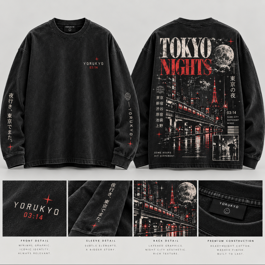 Tokyo Nights Graphic Long-Sleeve Tee — Black
